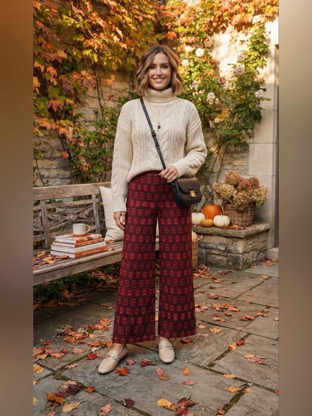 Alembika Wide-Leg Burgundy Geo Print Pants with High Waist